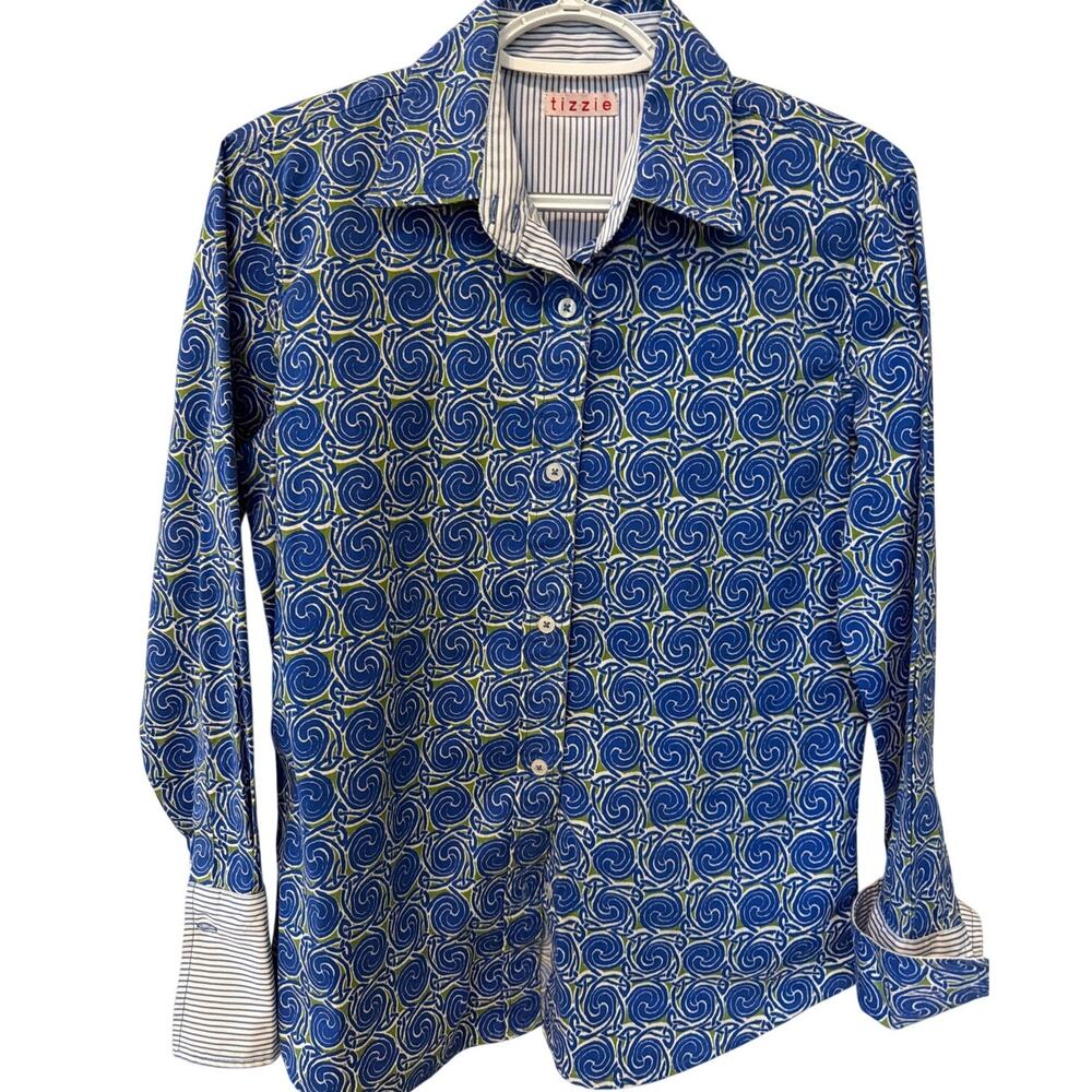 Tizzie Button Down Shirt Women's Size Small Blue Swirl Print Cotton Stripe Cuffs